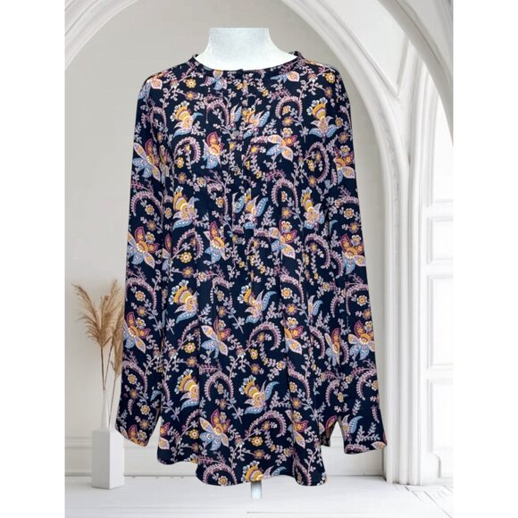 NEW LOFT Top Womens Long Sleeve Floral Print Blouse M Navy Multi-Color Loose Fit - Picture 1 of 9